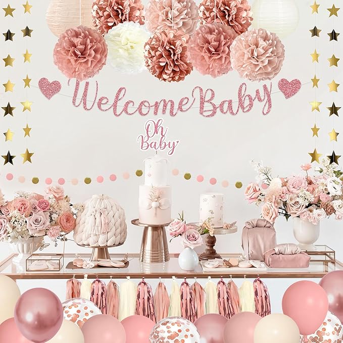Amandir Dusty Pink Girl Baby Shower Decorations Welcome Baby Banner, Cake Topper, Paper Lanterns, Gold Balloons Pom Poms Flowers Tassels, Circle Dots Star Garland Gender Reveal Birthday Party Supplies
