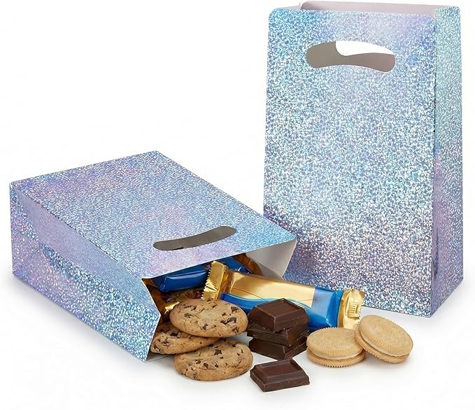 UnicoPak 16 Pack Premium Iridescent Party Favor Bags - 6x3x9 Glitter Goodie Bags for Birthday Party, Wedding - Sturdy Holographic Gift Bags with Auto-lock Bottom, Customizable for Treats & Cookies