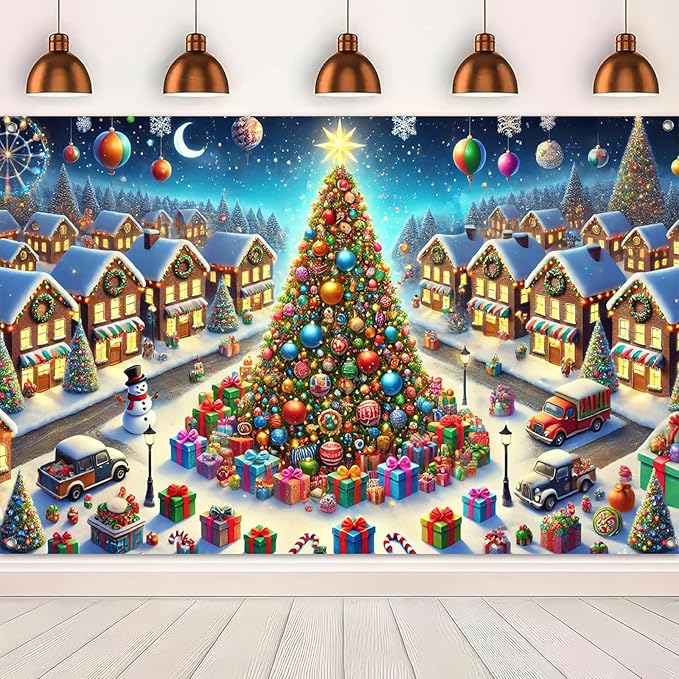 Christmas Village Backdrop 70.9 x 43.3 Inch Winter Wonderland Tree and Snowy Houses Banner with Gifts, Snowman & Lights for Indoor Outdoor Holiday Party Photo Background