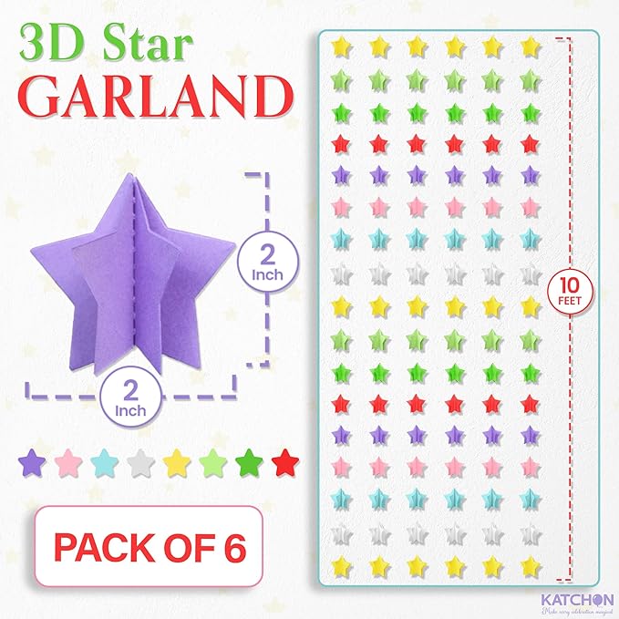 KatchOn, Multicolor Star Garland – Pack of 6 | Rainbow Garland for Classroom Decorations | Happy Birthday Decorations for Girls & Boys | Hanging Decor | Unicorn Party, Back to School Decorations