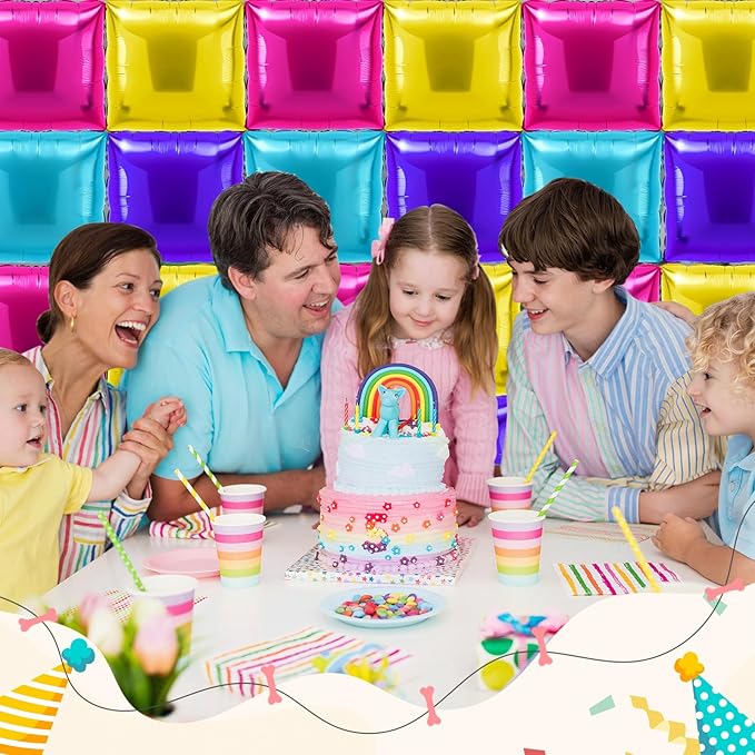 36 Pcs Magic Dollhouse Birthday Decorations Balloons Brick Square Foil Balloons Wall Backdrop Arch Kit Double Sided Metallic for Cartoon Video Game Party Supplies(Pink Blue Purple Yellow)