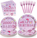 96 Pcs Y2k 2000s Birthday Party Decorations Pink Retro Fashion Plates and Napkins Disposable Early 2000s Theme Tableware Set for Girls Women Teen Birthday Party Supplies Serves 24