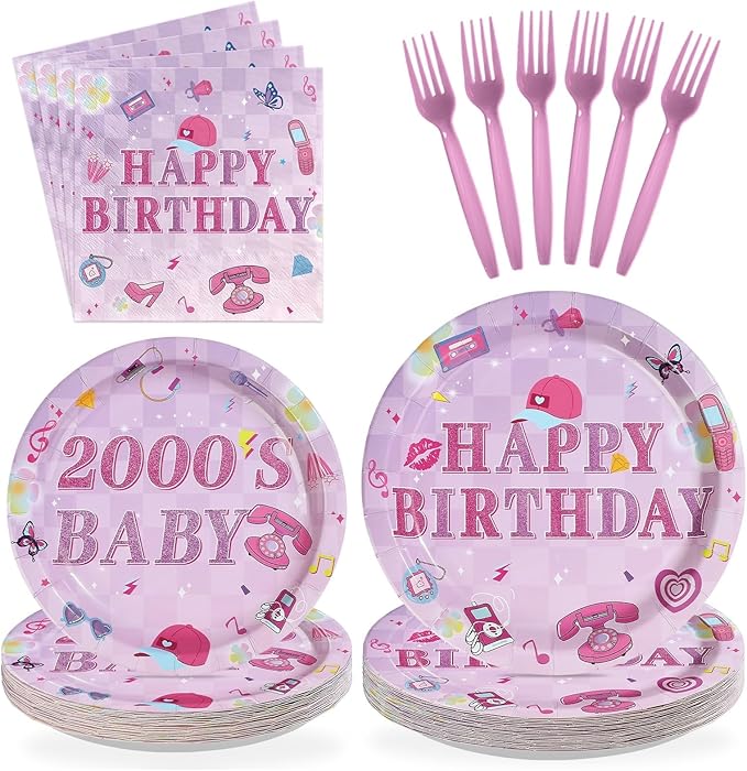 96 Pcs Y2k 2000s Birthday Party Decorations Pink Retro Fashion Plates and Napkins Disposable Early 2000s Theme Tableware Set for Girls Women Teen Birthday Party Supplies Serves 24