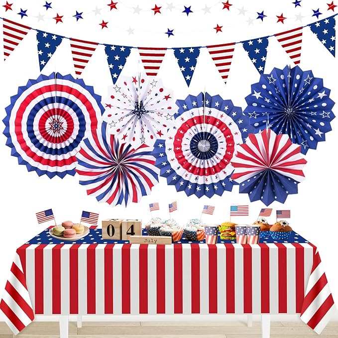 9PCS 4th of July Decorations Red White and Blue Paper Fans, USA Pennant Bunting, Star Streamers, Patriotic Tablecloth for Fourth of July Party Supplies, Memorial Day Veterans Day Patriotic Decor