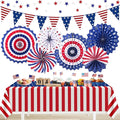 9PCS 4th of July Decorations Red White and Blue Paper Fans, USA Pennant Bunting, Star Streamers, Patriotic Tablecloth for Fourth of July Party Supplies, Memorial Day Veterans Day Patriotic Decor