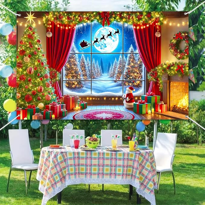 Merry Christmas Backdrop 71x43 Inch Winter Forest Photography Banner with Santa Sleigh Fireplace Moon Scene and Red Curtain Decorations for Holiday Party Wall Display