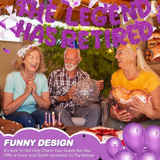 Fulmoon Pre Strung the Legend Has Retired Glitter Banner 9.8 ft Retirement Banner Retirement Party Decorations Garland Bunting for Men Women Gifts, No DIY(Purple)