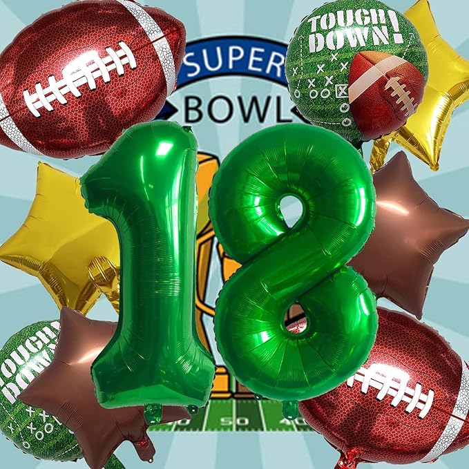 Football Balloons Foil Football Birthday Decorations Balloons Green Number 18 Balloon Gold Brown Star Touchdown Ballons for Rugby Birthday Decorations Sports Ballons Arch Kits Party Balloon Sets 10pcs