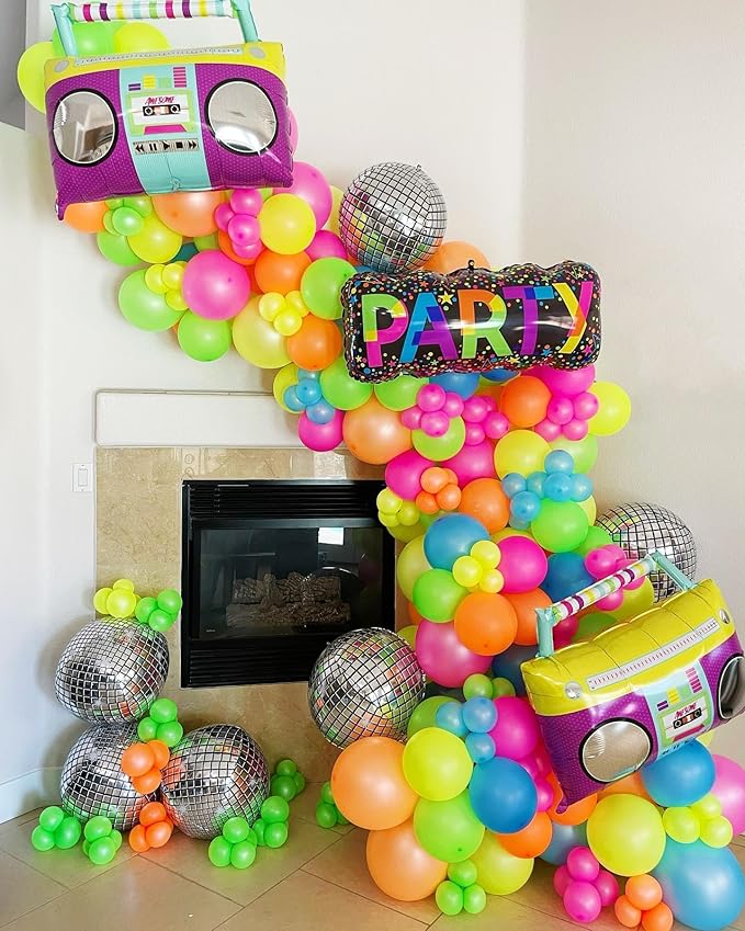 90s 80s Disco Theme Party Decorations, 151Pcs Balloon Arch Kit with Disco Ball, Retro Glasses, Musical Note, Guitar & Star Foil Balloons for Back to 80s 90s disco Birthday party