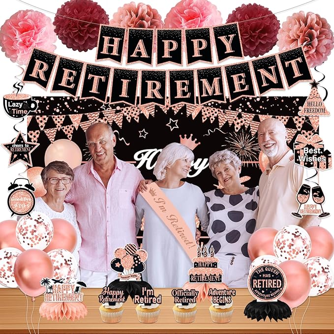 Retirement Party Decorations for Women, Rose Gold Happy Retirement Banner Backdrop Hanging Swirls Party Supplies, Retired Sash Balloons Honeycomb Centerpieces Cupcake Toppers Decor