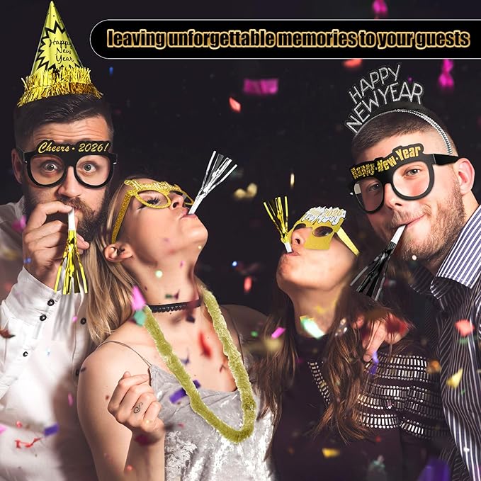 Capoda 384 Pcs New Years Eve Party Supplies 2026 Decorations Kit for 96 Guest with Happy New Year Cone Hat Tiara Headband Glasses Bead Noisemaker Horns Lei Necklace