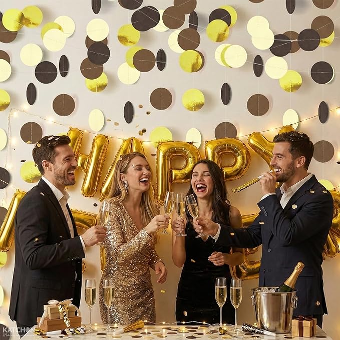 KatchOn, Pre-Strung Circle Gold and Brown Paper Garland - 65 Feet, Pack of 5 | Graduation Decorations 2026 | Black Gold Birthday Decorations | Graduation Backdrop 2026