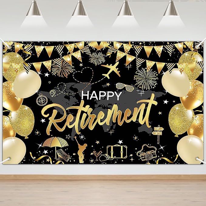 Mocsicka Retirement Party Decorations Black and Gold Happy Retirement Backdrop Banner Retired Party Decorations Photo Booth Props (Black Gold, 180x110cm)