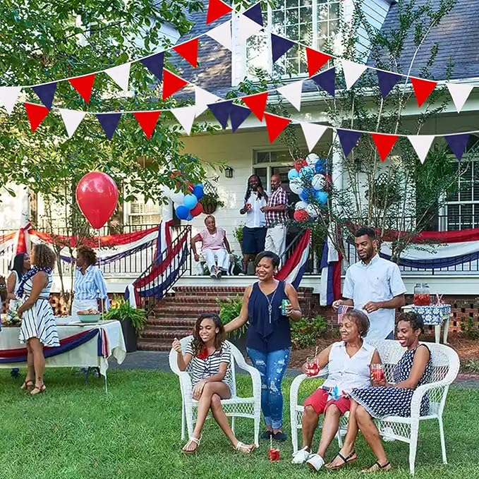 GCQQ 40Ft Red White Blue Banner - 4th of July Decoration Cotton Patriotic Fabric Pennant Triangle Flag Banners Garland for Independence National Day Nautical Theme Captain Graduation Party Decor