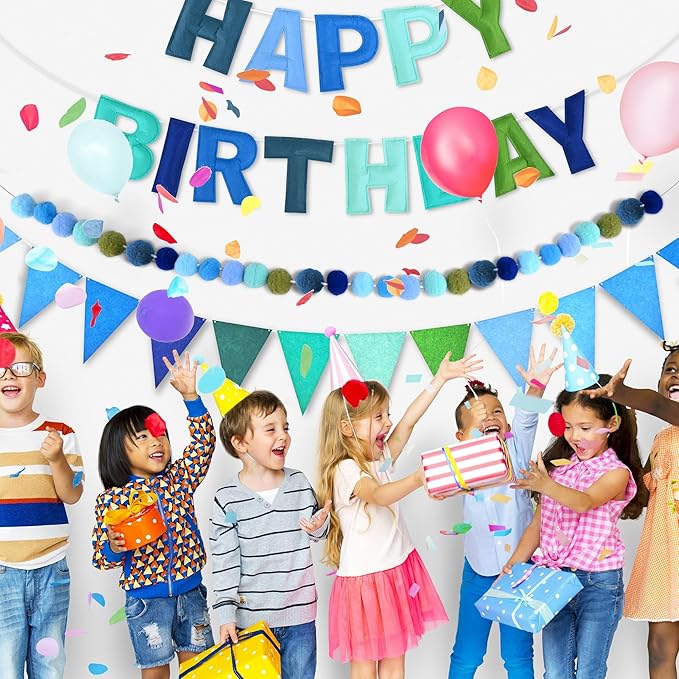CANREVEL Pre-Strung 3D Rainbow Happy Birthday Banner, 3 PCS Happy Birthday Felt Sign, Pom Pom Garland, Triangle Fabric Bunting, Colorful Reusable Birthday Decorations for Women Men Girls Boys, Blue
