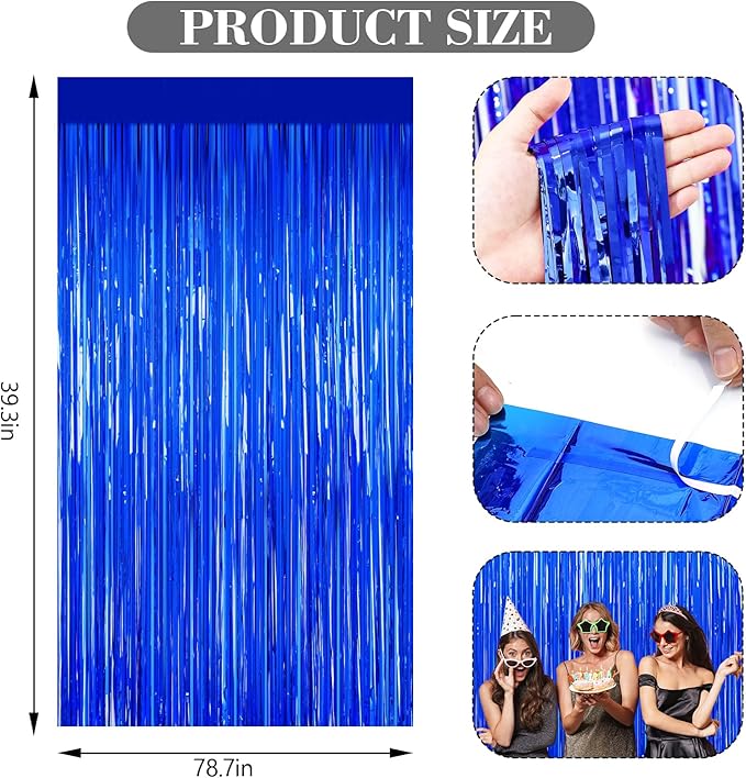 2 Pack Blue Foil Fringe Curtains, 3.3ft x 6.6ft Streamer Foil Curtain, Tinsel Backdrop for Birthday Party, Christmas Decor, Wedding Engagement Baby Shower Bachelorette Party Decorations