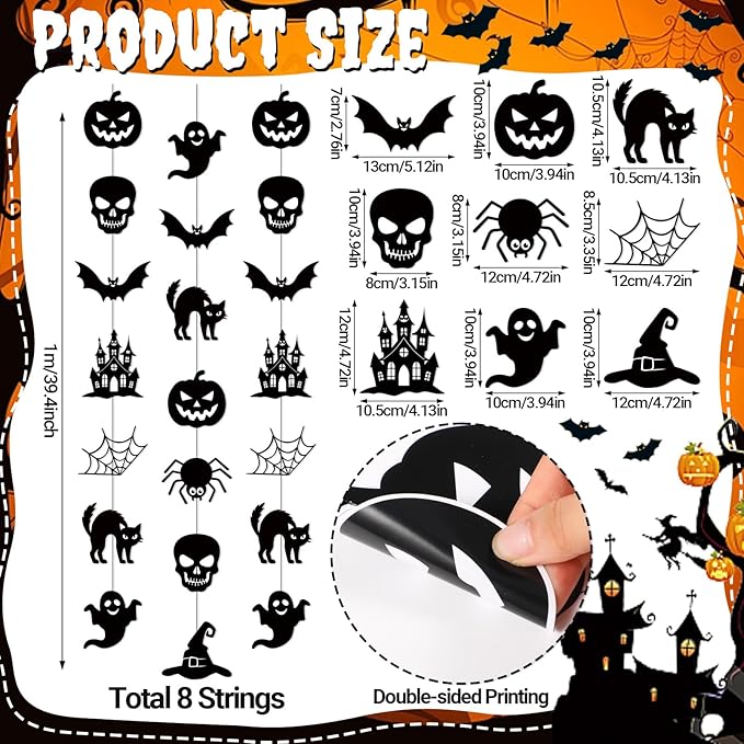 Xinnun 8 Pcs Halloween Party Decorations Garland Spooky Ghosts Skulls Pumpkin Hanging Banner Halloween Black Creepy Party Ceiling Garland for Outdoor Indoor Haunted House Horror Birthday Decor