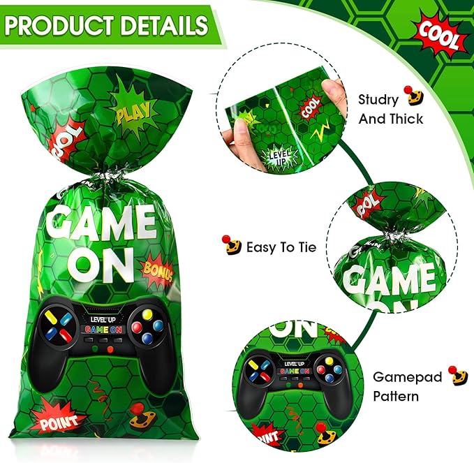 Pajean 100pcs Video Game Plastic Loot Bags Game on Favor Goody Candy Treat Bags for Themed Birthday Party(Green)