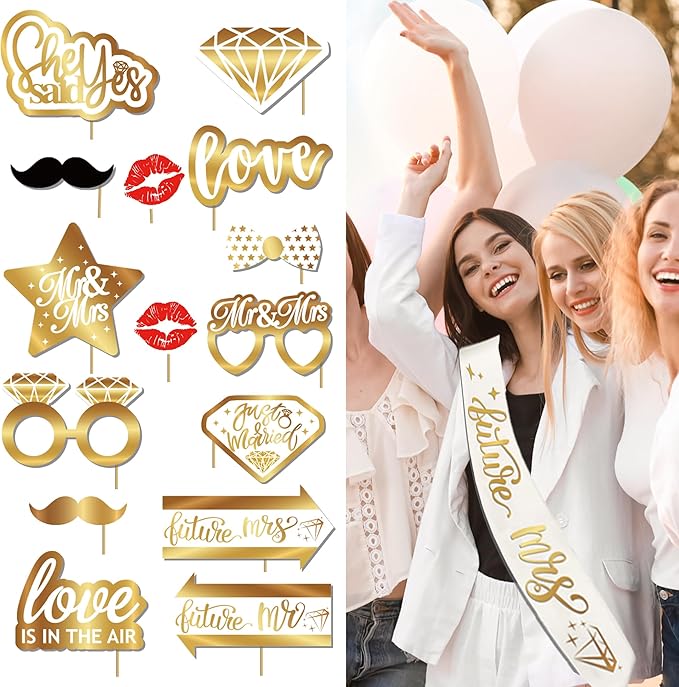 Gold Engagement Party Decorations Kit - Happy Engagement Glitter Banner, MR & MRS Foil Balloons, Giant Diamond Ring Balloon, Tablecloth, Photo Booth Props and Future Mr Mrs Sashes Decor Set