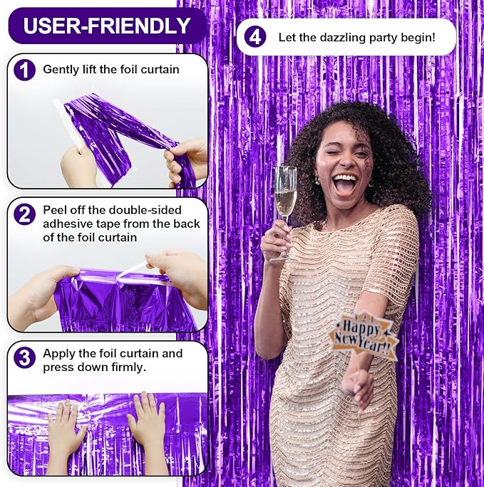 Homiest 3 Pack Purple Tinsel Backdrop, 3.3x6.6 FT Metallic Tinsel Foil Fringe Curtains Party Decorations, Birthday Door Streamers for Baby Shower Wedding, Photo Booth Props Background Wall Decor
