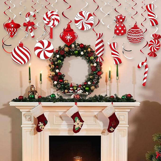 Funrous 56 Pcs Christmas Peppermint Candy Hanging Swirls Decorations Red and White Holiday Party Streamers for Home Winter Holiday Christmas Party Decor(Red White)