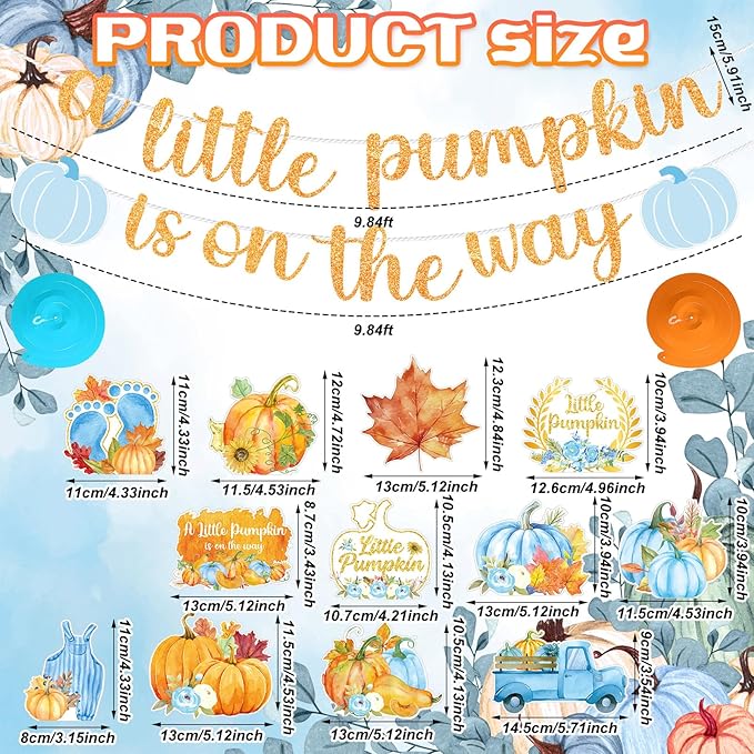 26 Pcs Little Pumpkin Baby Shower Banner Sign with 12 Hanging Swirls A Little Pumpkin Is on the Way Banner Fall Blue Hanging Decorations for Gender Reveal Theme Party Supplies