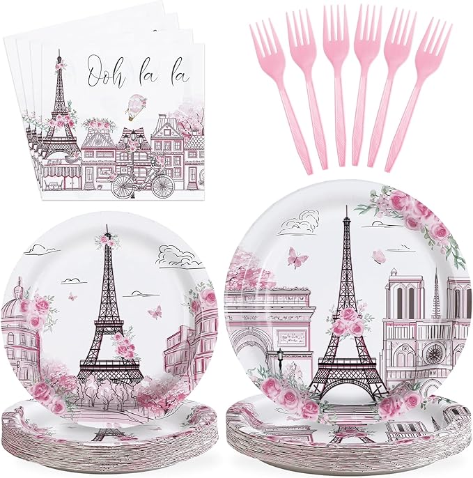 96Pcs Paris Theme Party Decorations Eiffel Tower Plates and Napkins Pink Rose Oh La La Birthday Decorations for Valentine's Day Paris Themed Bridal Shower Weddings Baby Shower Party Supplies Serves 24