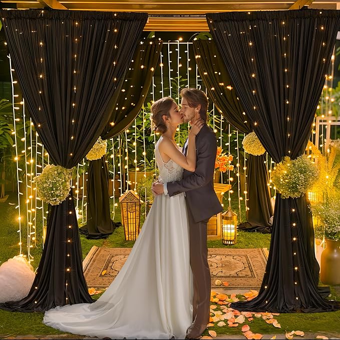 10 x 10ft Black Backdrop Curtains with Lights String for Birthday Party Spandex Photo Background Drapes Wrinkle Free Curtains Backdrop for Party Wedding Reception Baby Shower Ceremony-5 x 10ft x 2P