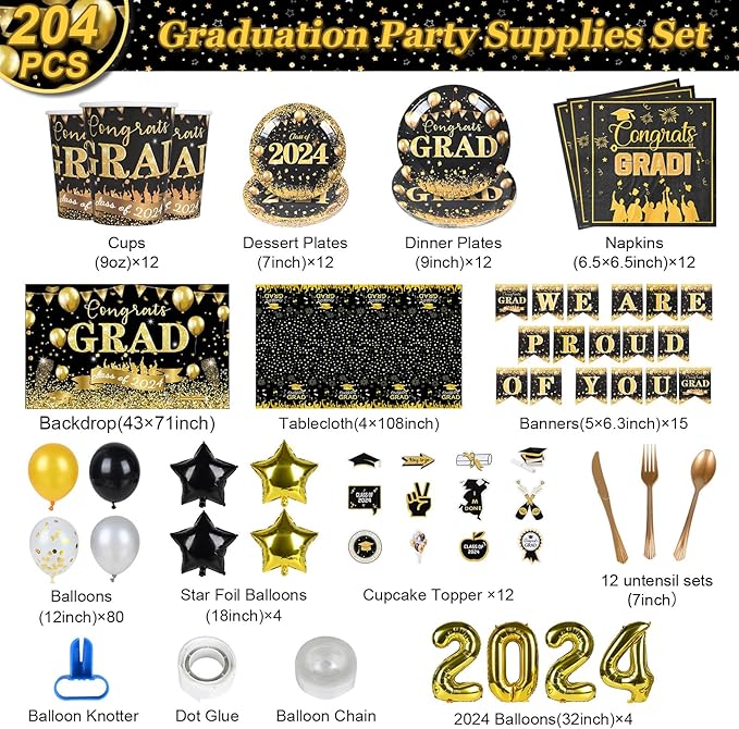204Pcs Graduation Party Decorations Class of 2024- Graduation Party Supplies with Grad Backdrop, Banners, Balloons Kit,Paper Plates,Cups,Napkins,Cutlery,Tablecloth and CupCake Toppers-Black & Gold