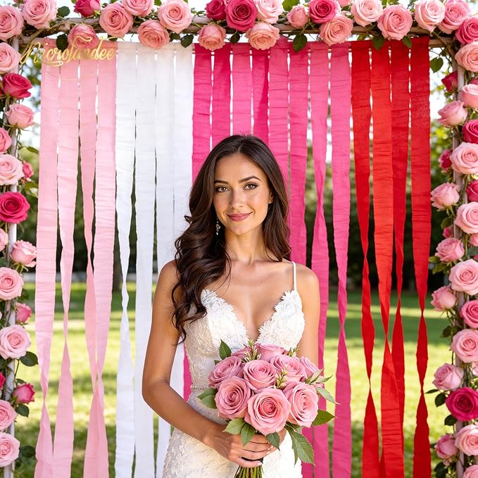 NICROLANDEE 5 Rolls Pink Red White Crepe Paper Streamers for Wedding, Birthday, Valentine's Day Decorations, Bachelorette, Bridal Baby Shower, Backdrop or Photo Booth