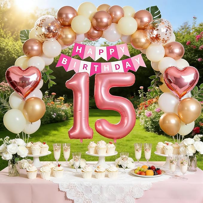 15th Birthday Decorations for Girls, Rose Gold Quinceanera Party Supplies Set with Mis Quince Banner, Number 15 Balloon and Foil Fringe Curtains
