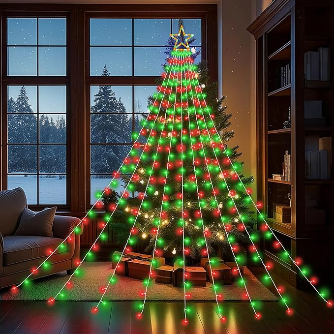 Christmas Decorations Outdoor, 11.5 ft 317 LED Star Christmas Tree Lights, 8 Memory Lighting Modes&Timer Star Light for Yard, Wedding, Party, Decorations（Red+Green）