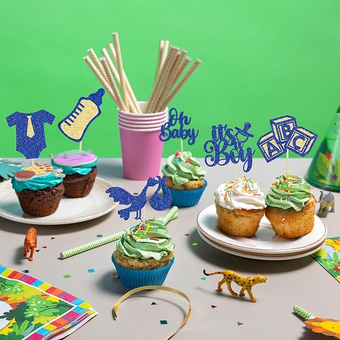 Gyufise 24Pcs Baby Shower Cupcake Toppers Glitter Tie Onesie Baby Bottle Oh Baby Cupcake Picks It's a Boy Cake Decorations for Baby Shower Gender Reveal Kids Boys Birthday Party Supplies Deep Blue