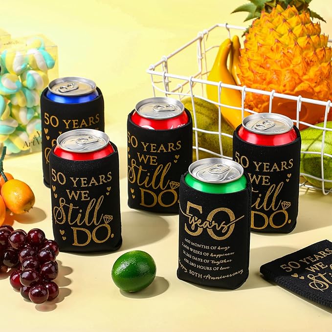 25 Pcs 50th Anniversary Can Sleeve for Guests 50 Years We Still Do Can Birthday Neoprene Cooler Sleeves 50th birthday party Gift Wedding favors for Women Men