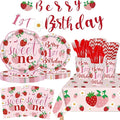 Berry First Birthday Decor, 194Pcs Strawberry Party Supplies Serves 24 Guests Includes Plates, Cutlery, Cups, Napkins, Tablecloth & Banner