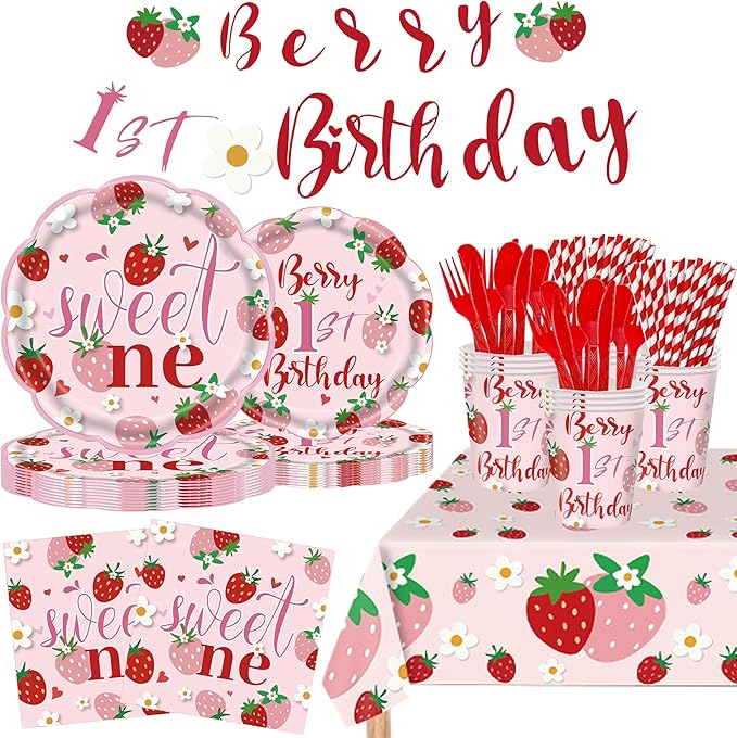 Berry First Birthday Decor, 194Pcs Strawberry Party Supplies Serves 24 Guests Includes Plates, Cutlery, Cups, Napkins, Tablecloth & Banner