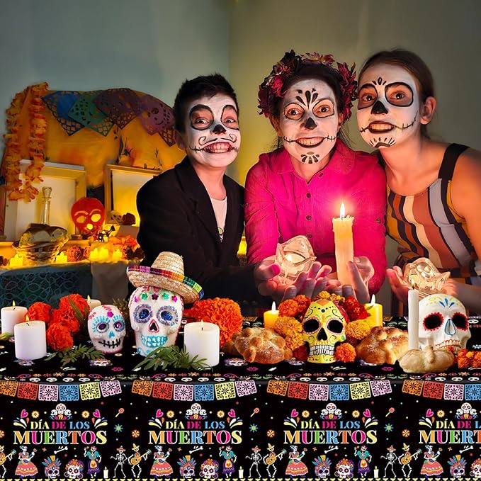 2 Pcs Day of The Dead Table Cloth - Plastic Dia De Los Muertos Tablecloth, Disposable Sugar Skull Floral Table Cover for Halloween Mexican Fiesta Party Decorations Supplies Favors, 108 x 54 Inch