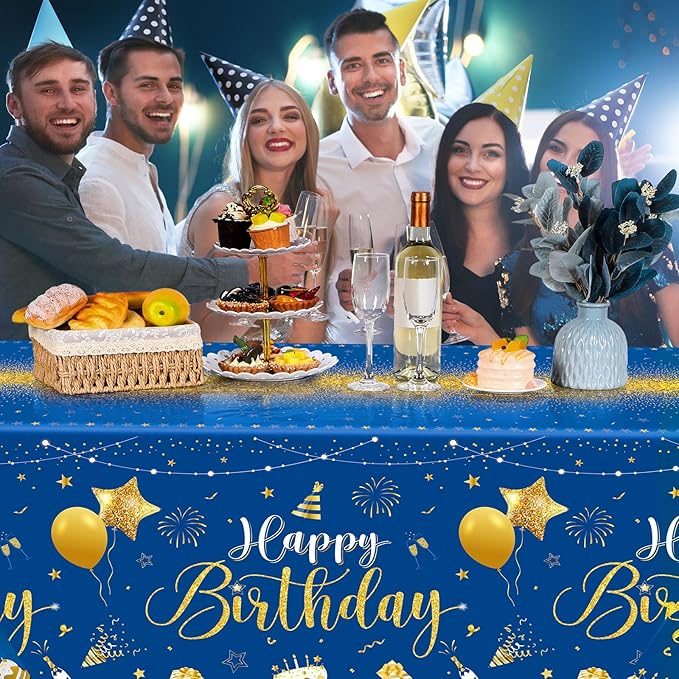 Tudomro 3 Pcs Happy Birthday Tablecloths Happy Birthday Party Decorations Plastic Table Cover Rectangular Cloths for Women Men Baby Shower Party Supplies, 108 x 54 Inch (Blue Gold)