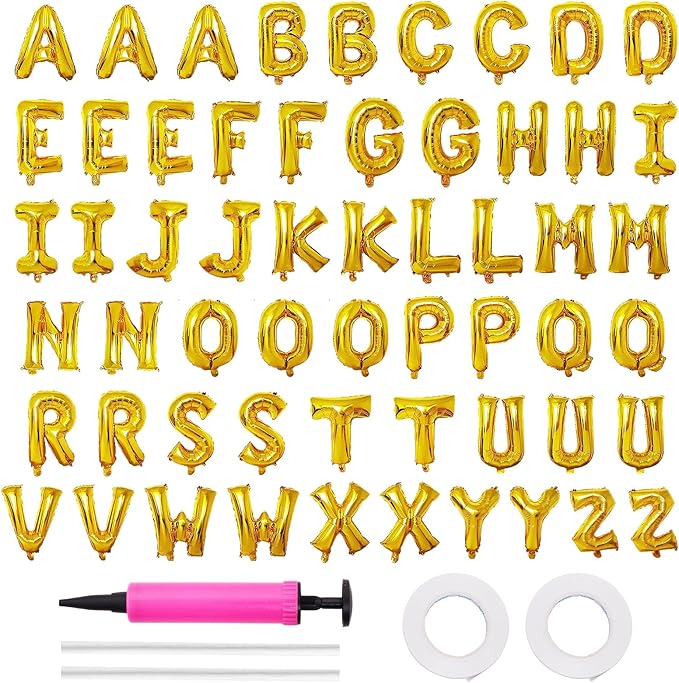 58 PCS Letter Balloons Alphabet Letters 2 Sets A- Z & 1 Sets AEIOU 16 Inch Foil Alphabet Letter Balloons Set Custom Phrase Banner for Birthdays Wedding Party Anniversary Decoration