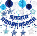 Happy Retirement Party Decorations for Men Women Blue Silver Happy Retirement Banner Honeycomb Balls Pentagram Hanging Swirl Streamers Circle Dots Garland