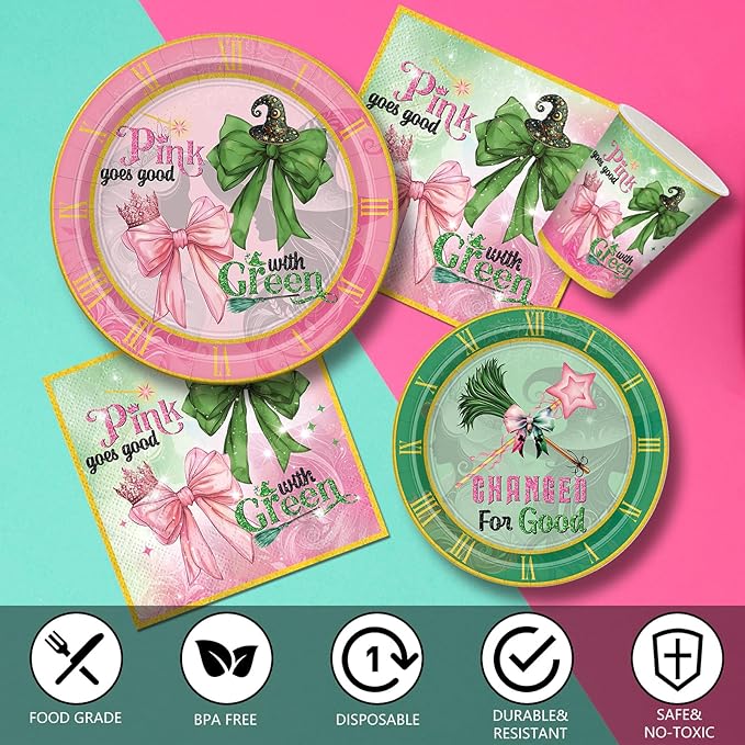 168Pcs Witch Party Supplies Pink Green Paper Plates Napkins Disposable Tableware for Birthday Party Decorations Serve 24 Guests