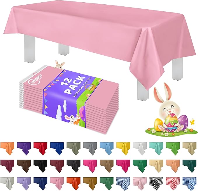 Grandipity 12 Pack Premium Disposable Plastic Tablecloth 54 Inch. x 108 Inch. Decorative Rectangle Table Cover - Pink