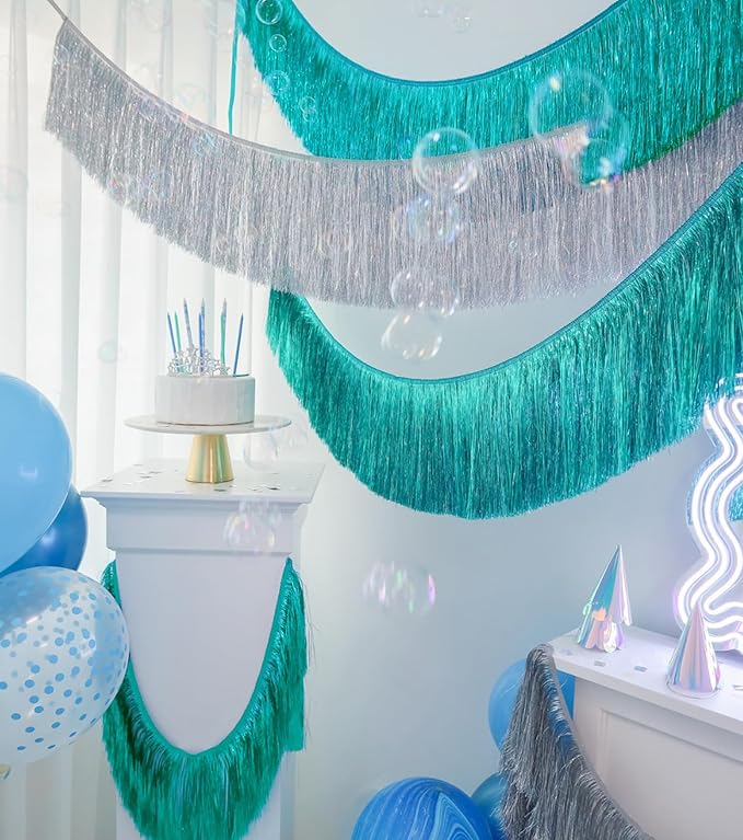 2 Pack Premium Lake Blue Fringe Tassel Banner for Party Decoration, Thick Metallic Foil Tinsel Garland Streamer for Birthday Wedding Bachelorette Holiday Home Hanging Decor