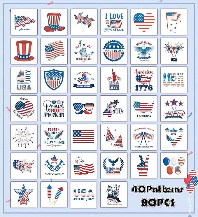 80PCS 4th of July Temporary Tattoos for Teenages & Adults, Patriotic Party Favors, USA Flag, Fireworks, Eagle, Statue of Liberty, Independence Day, Memorial Day, 4th of July Outfits for Women