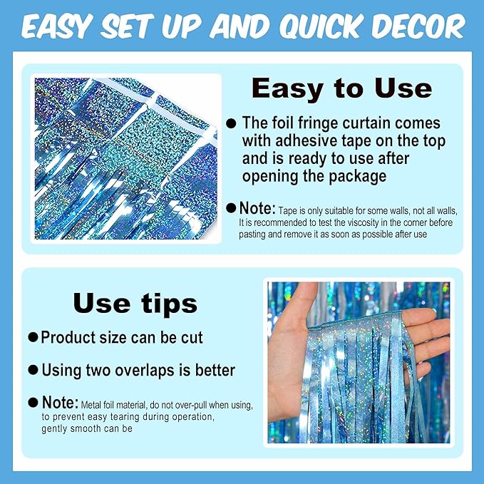 6 Pack Light Blue Foil Fringe Curtains Backdrop, 3.28 x 8.2 Ft Metallic Streamers Tinsel Curtains Background for Photo Booth, Birthday, Christmas, Halloween, Thanksgiving, New Year Party Decorations