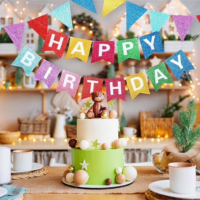 Irenare 4 Pieces Happy Birthday Banner Colorful Birthday Party Decor Rainbow Felt Garland Banner Rainbow Party Decorations Supplies (Shimmering Pink)