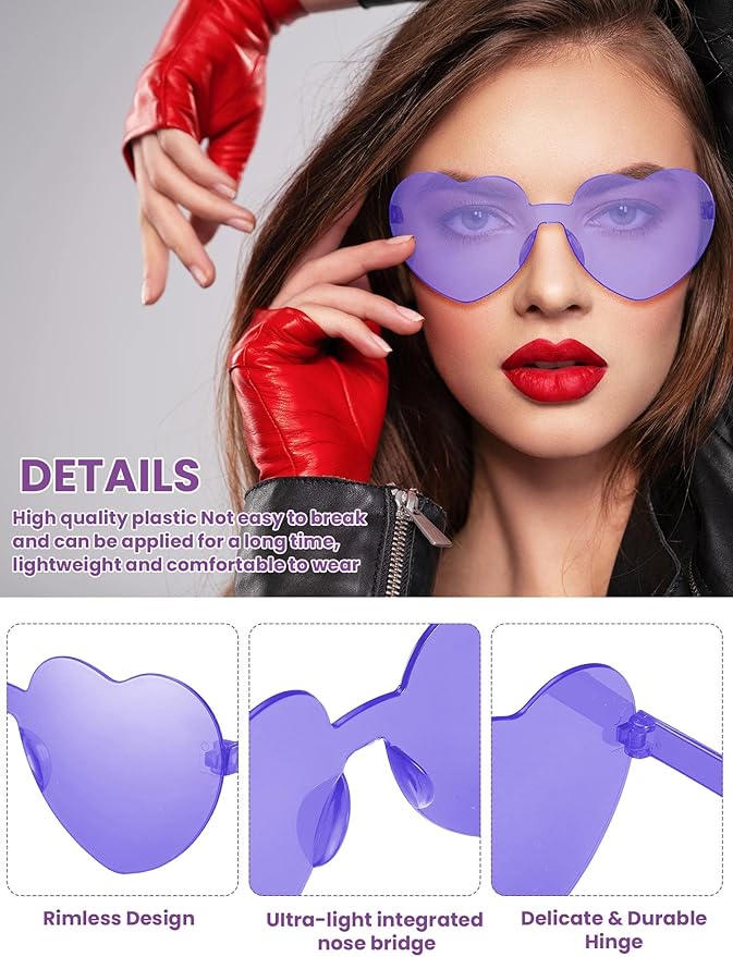 Weewooday 40 Pairs Heart valentines Glasses Rimless Heart Shaped Frameless Sunglasses Transparent Sunglasses Tinted Eyewear