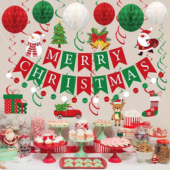 Merry Christmas Party Decorations Pre-strung Red Green Merry Christmas Banner with Honeycomb Balls Santa Claus Snowman Xmas Tree Hanging Swirls Colorful Circle Dots Garland for Holiday Party Decor