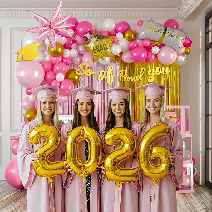 Pink and gold Graduation Decorations 2026 Set of 4 GRAD Balloon Boxes with Balloon Arch Garland Kit mylar balloons shimmer Fringe Curtain So Proud of You 2026 prom Graduation Decorations