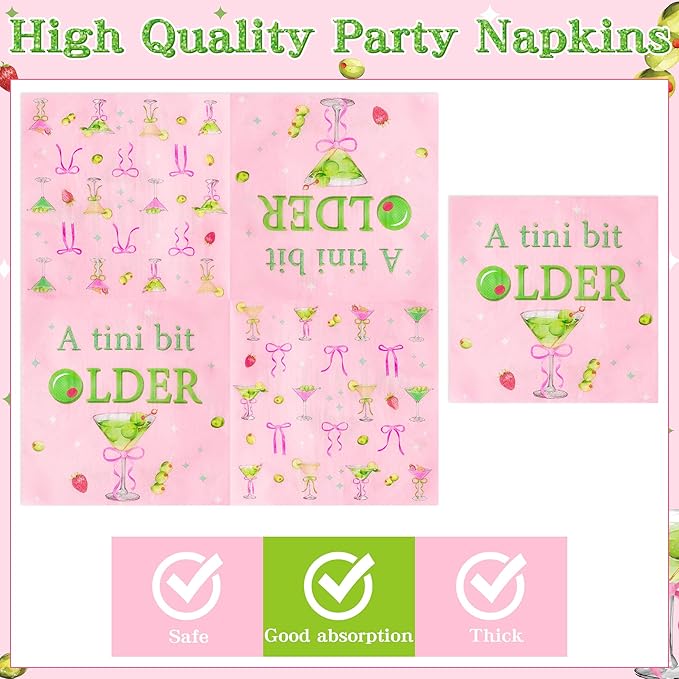 Pink Olive Martini Bow A Tini Bit Older Espresso Cocktail Party Plates Supplies - Serves 24-96Pcs Party Tableware Decoration Disposable Paper Plate Napkin Fork for Birthday Bar Bachelorette
